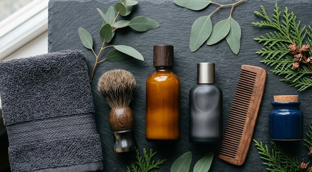 Selezione dei migliori dopobarba uomo: balsami lenitivi senza alcol per pelle sensibile disposti su un piano da bagno