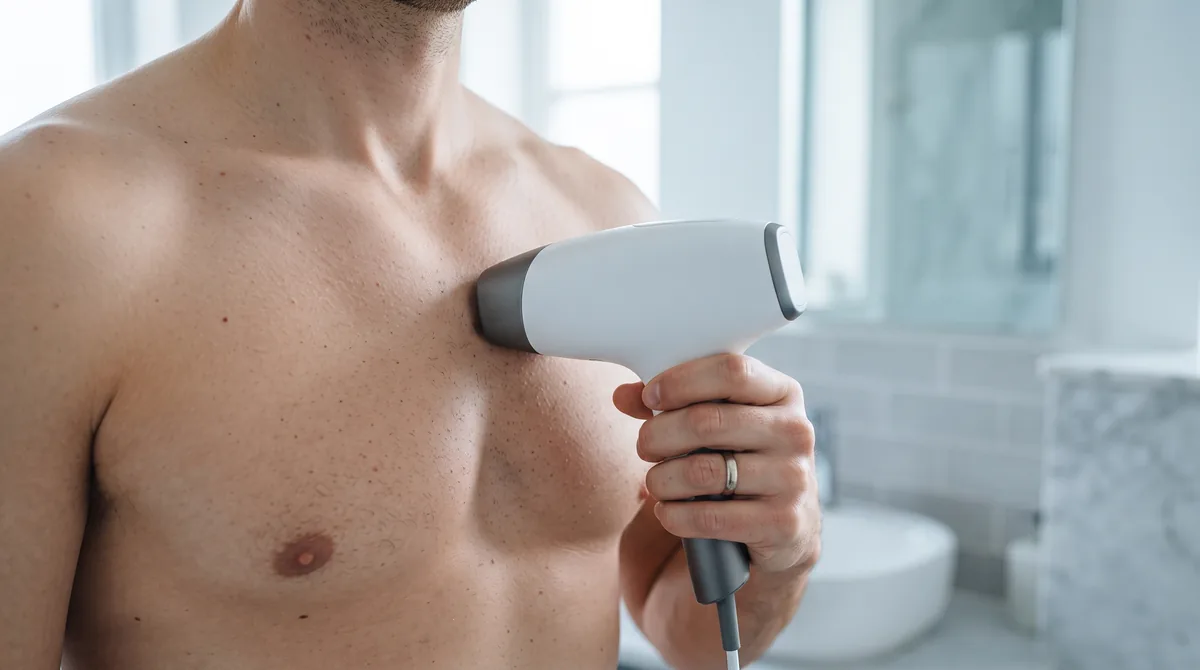 Epilatore a luce pulsata impugnato da un uomo davanti al torace, con testina appoggiata sulla pelle in un bagno luminoso