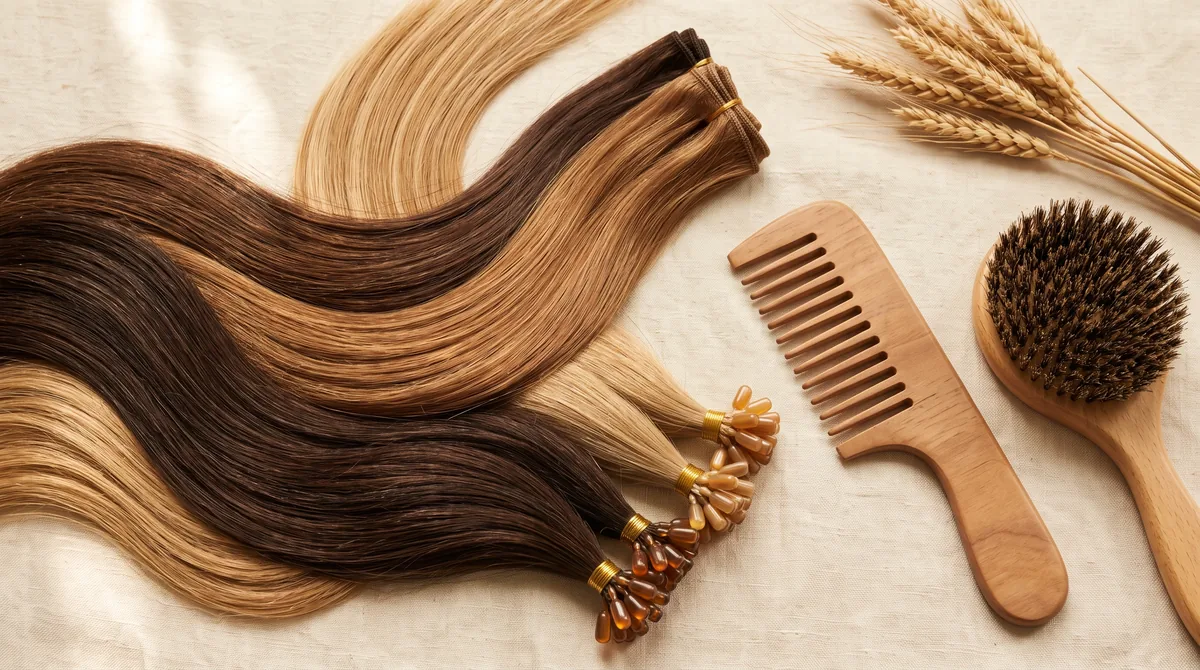 Ciocche di extension capelli veri a cheratina con punta U-tip pre-bonded accanto a una pinza da parrucchiere