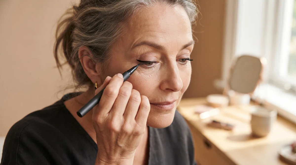 Eyeliner per palpebra cadente: tratto sottile con codina rivolta verso la coda del sopracciglio su occhio incappucciato