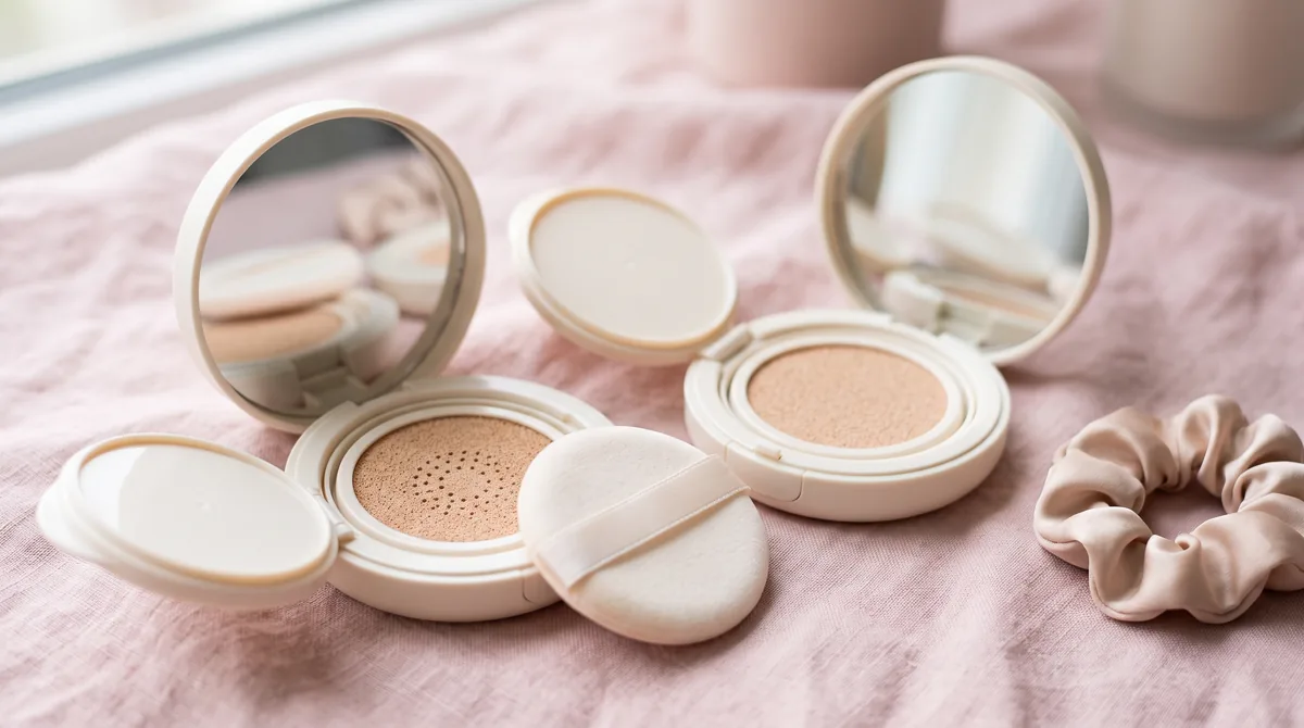I migliori fondotinta cushion 2026: compatti aperti con puff e spugna imbevuta di fondotinta su fondo rosa cipria