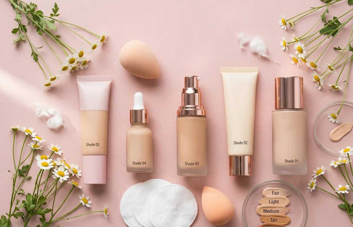 Cinque fondotinta per pelle sensibile a confronto con pennelli e spugnette makeup su sfondo rosa
