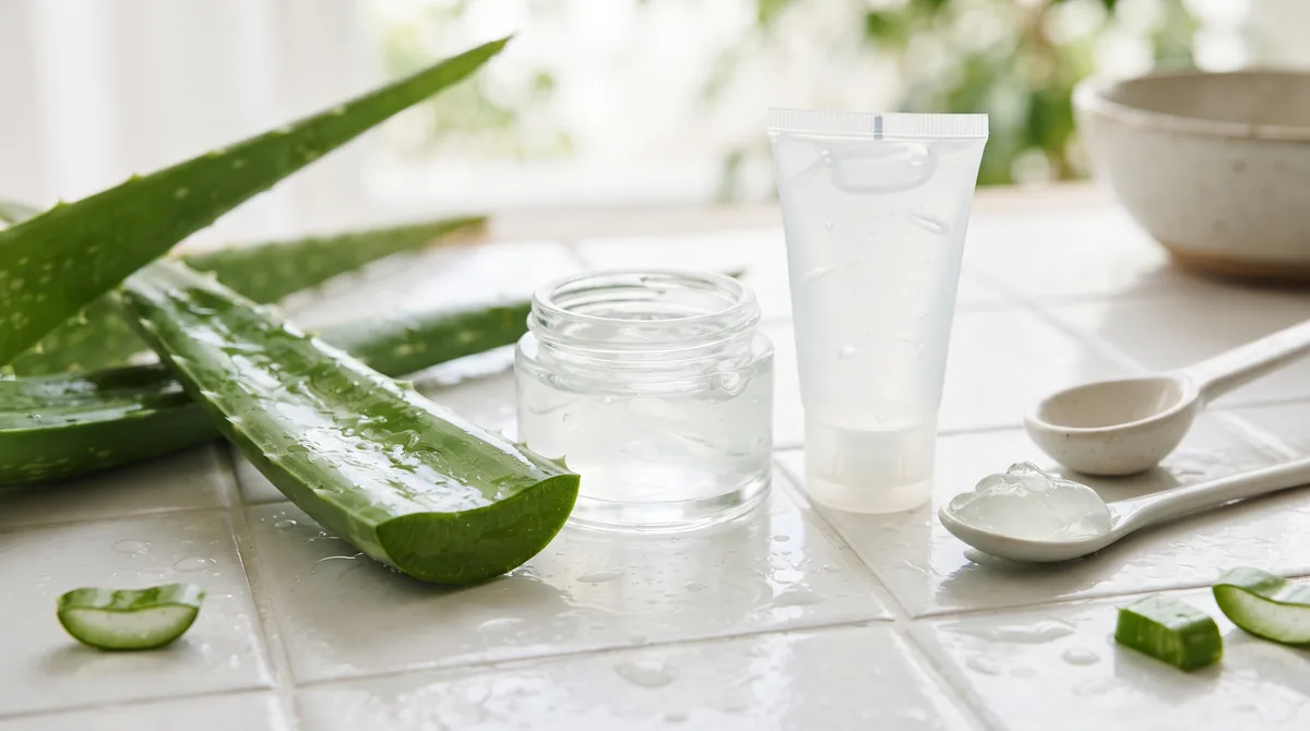 Migliori gel di aloe vera puro in tubo e flacone accanto a una foglia di aloe tagliata su un piano chiaro