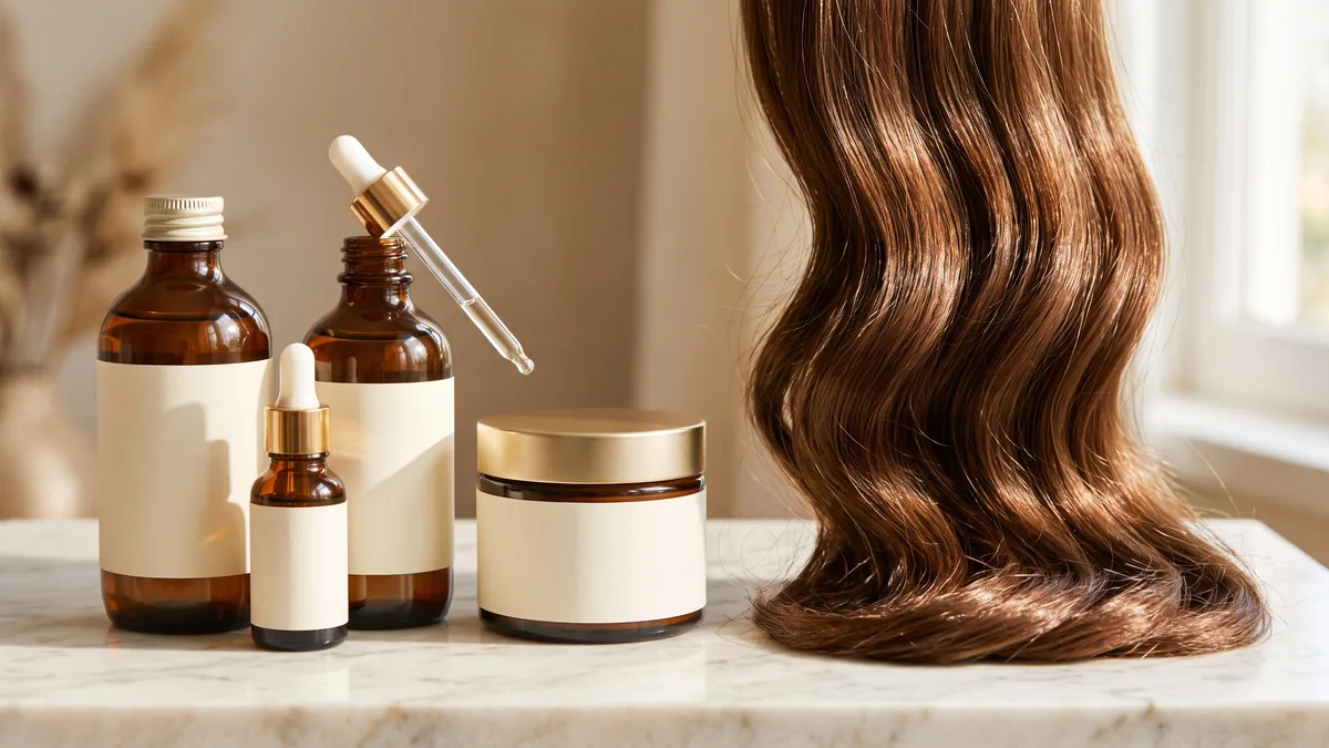 Miglior gloss per capelli: flacone di trattamento lucidante accanto a una ciocca castana brillante su un ripiano chiaro