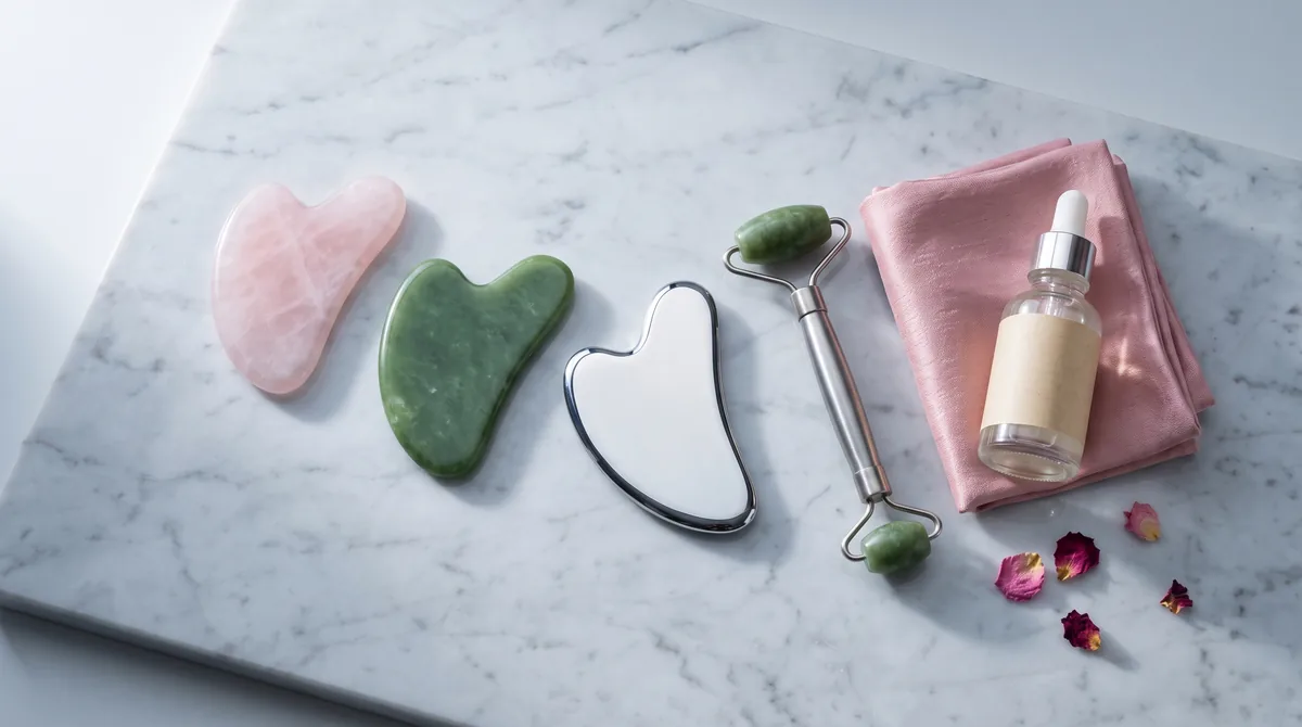 Gua sha viso in quarzo rosa, giada e acciaio inox appoggiati su un piano chiaro accanto a un rullo da massaggio