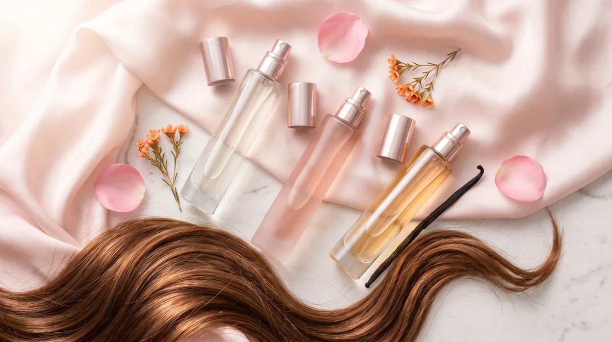 Sette flaconi di profumo per capelli e hair mist allineati su una mensola chiara accanto a una ciocca di capelli lucidi
