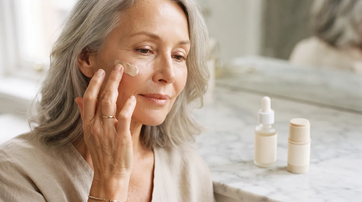 Donna over 60 che sfuma un illuminante cremoso sullo zigomo con l'anulare