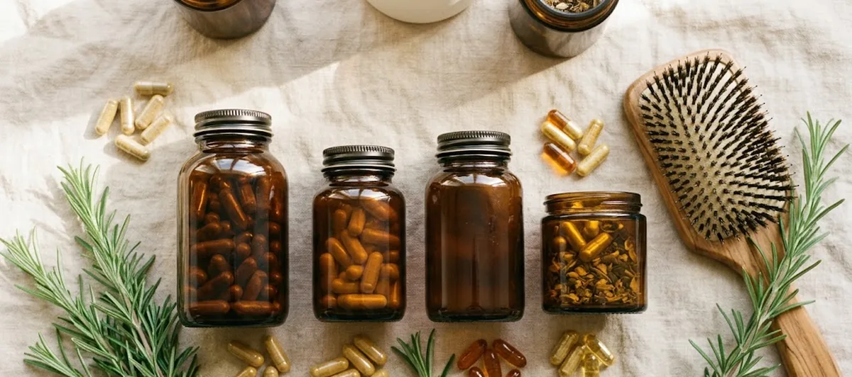 Barattoli dei migliori integratori per capelli anticaduta con biotina, zinco e cheratina allineati su superficie chiara