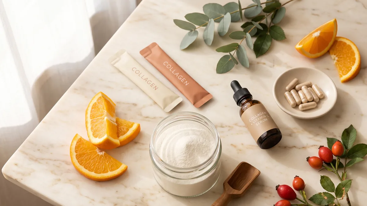 Cinque integratori di collagene a confronto: stick monodose, polveri, compresse e flaconcini da bere su superficie chiara