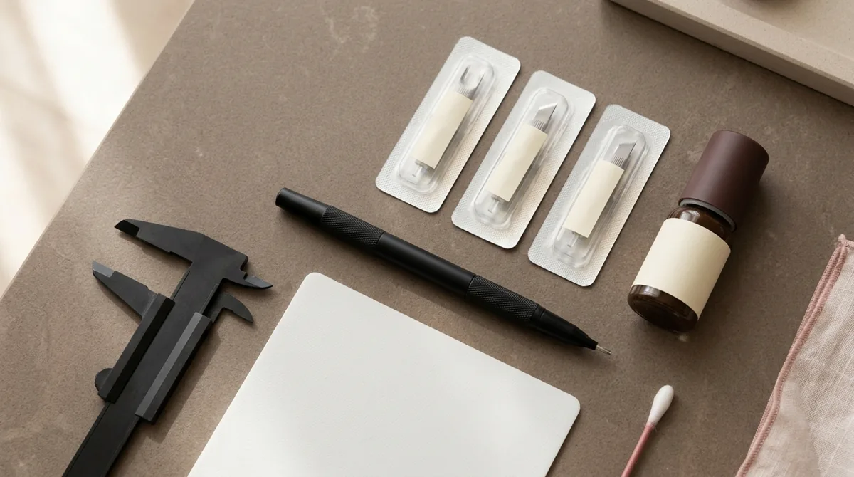 Penna manuale da microblading con lame sterili sigillate, righello di mappatura e skin pad di pratica su un piano chiaro