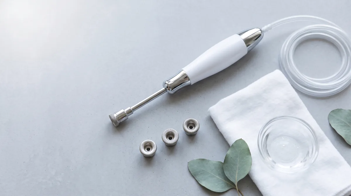 Kit per microdermoabrasione a punta diamantata per casa, con manipolo e punte di ricambio su un ripiano chiaro