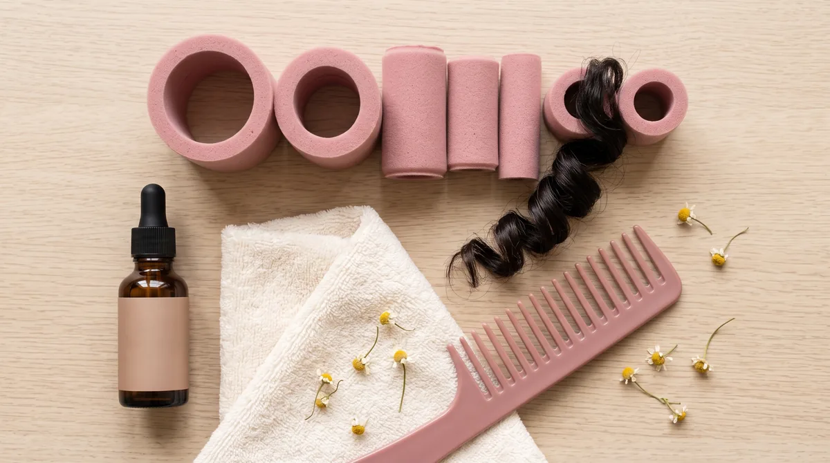 Kit per la permanente ai capelli con bigodini, flacone di liquido permanente e neutralizzante su un piano chiaro