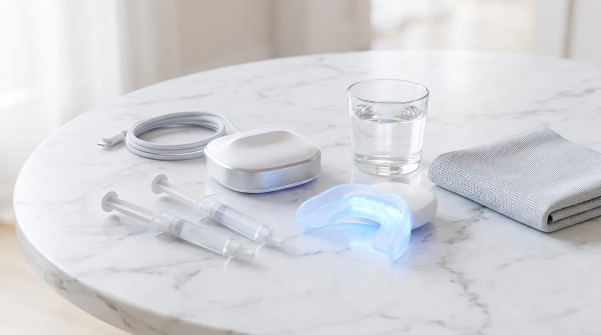 Kit sbiancante per denti con boccaglio a luce LED blu acceso e siringhe di gel sbiancante appoggiate accanto