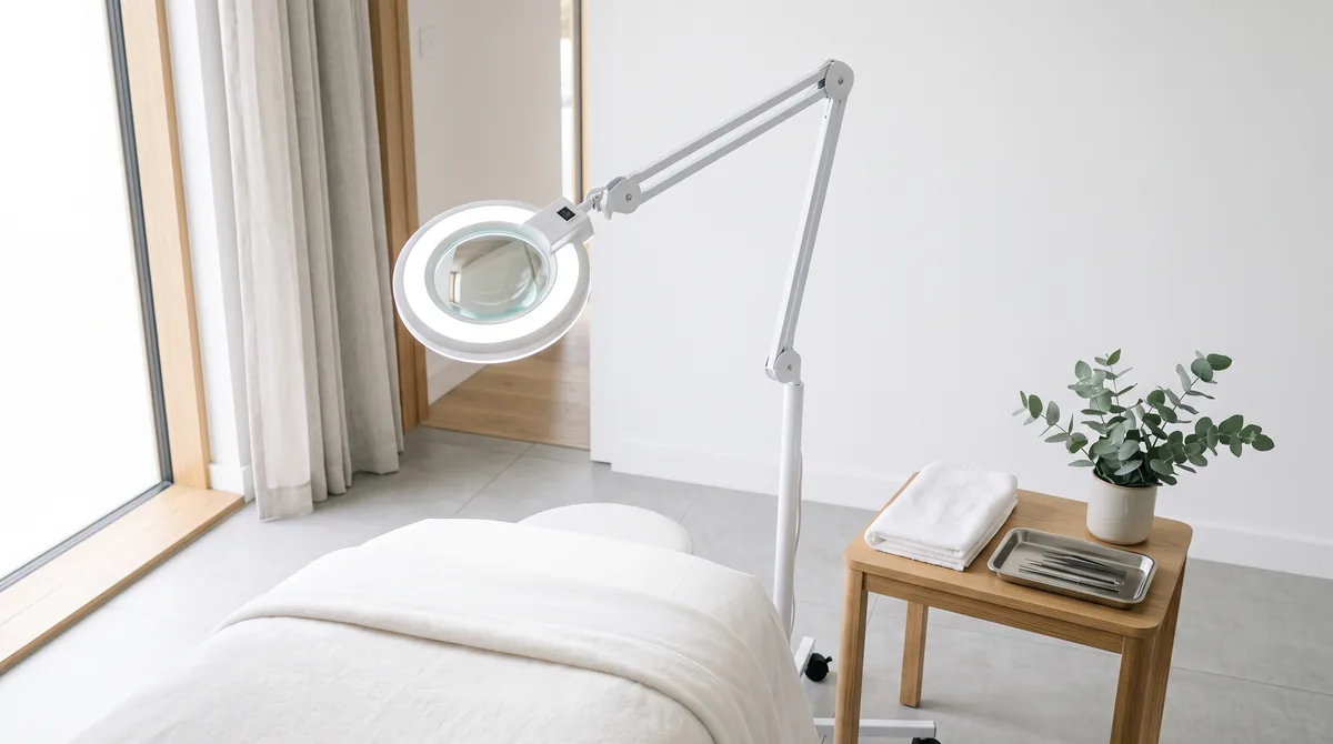 Lampada con lente di ingrandimento a 5 diottrie su stativo a rotelle in una cabina estetica