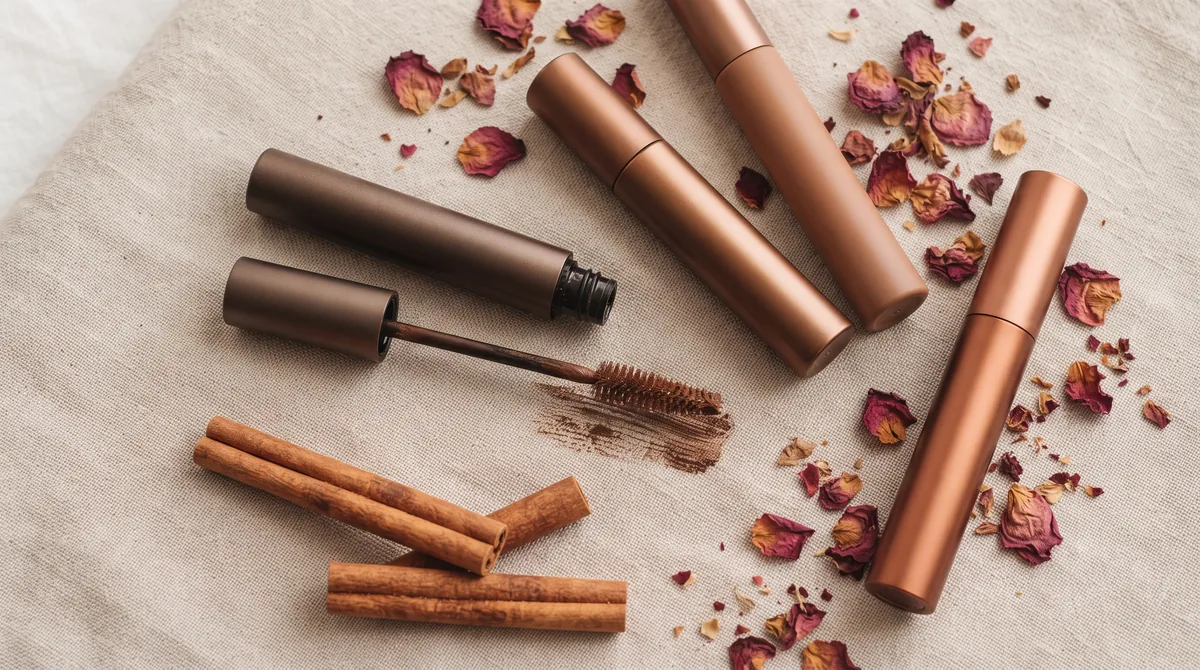 Mascara marrone aperto con lo scovolino in primo piano accanto a un occhio chiaro con ciglia definite in tonalità brown