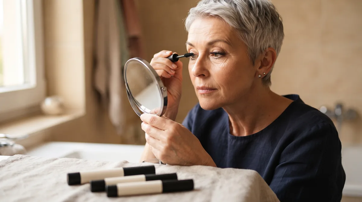 Donna matura con i capelli grigi che applica il mascara sulle ciglia superiori davanti a uno specchio, luce naturale