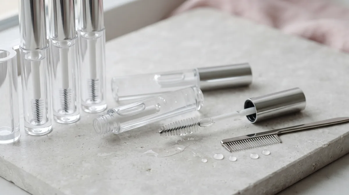Migliori mascara trasparenti: scovolini con gel incolore e tubetti trasparenti su un piano chiaro accanto a un pettinino
