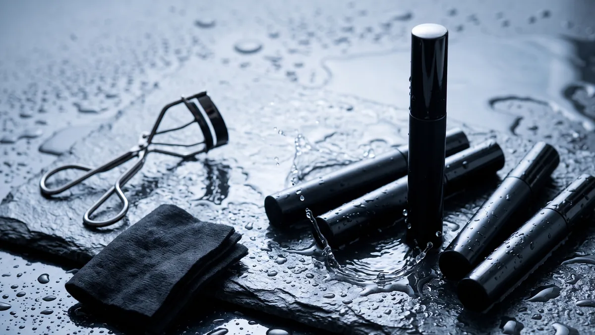 Sei mascara waterproof allineati su marmo chiaro con gocce d'acqua sui tubi e scovolini in primo piano