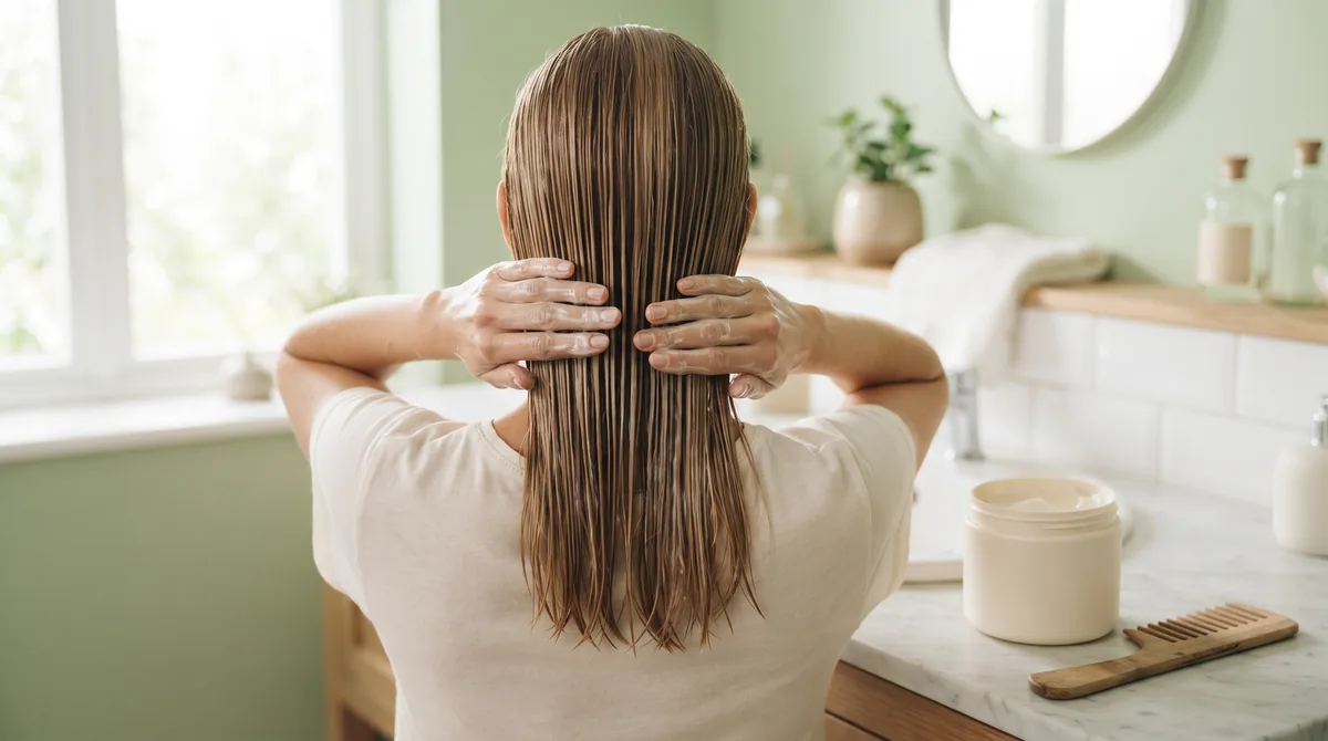 Maschera per capelli fini stesa sulle lunghezze di capelli lisci e sottili, accanto a un vasetto bianco senza etichetta