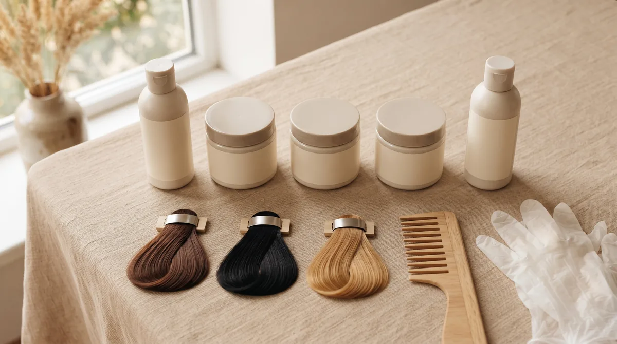 Maschera colorante per capelli in vasetti e flaconi accanto a ciocche castano cioccolato, nero e biondo dorato