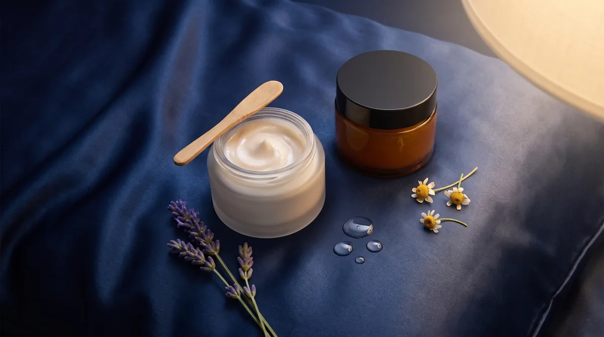 Vasetto di maschera notte viso aperto sul comodino accanto a un cuscino chiaro, sleeping mask in texture gel-crema