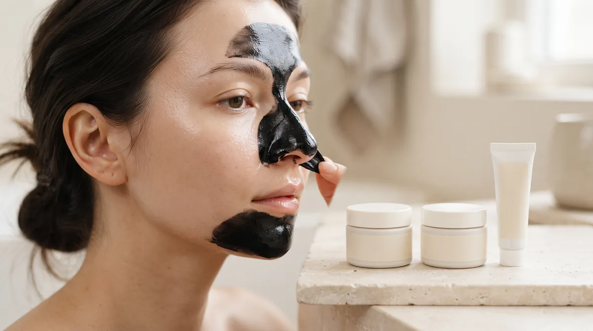 Maschera punti neri peel-off nera stesa su un naso e vasetti bianchi di maschere purificanti su fondo chiaro