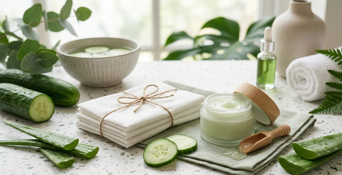 Maschere viso idratanti disposte su sfondo chiaro con texture gel e crema in primo piano