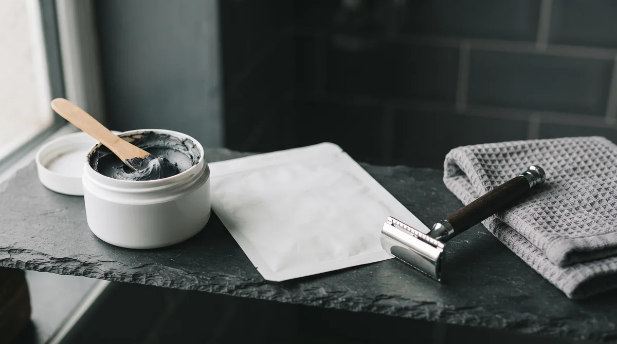 Migliore maschera viso uomo: vasetto bianco di argilla grigia e maschera in tessuto su un lavabo con rasoio
