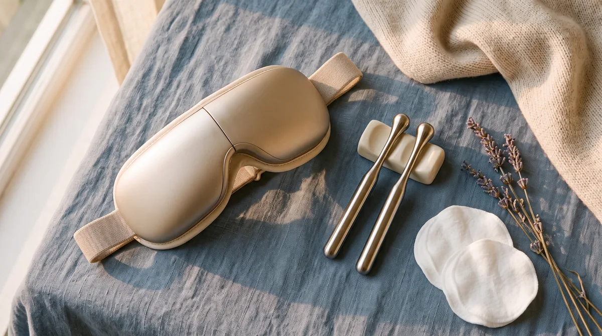 Maschera per occhi a compressione d'aria e massaggiatore a penna per il contorno occhi appoggiati su un piano chiaro
