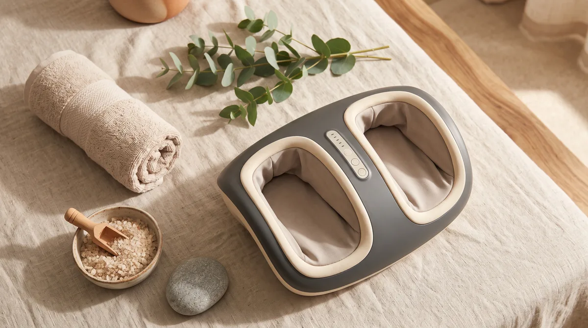 Massaggiatore per piedi shiatsu elettrico con calore in uso a fine giornata, piedi appoggiati sull'apparecchio