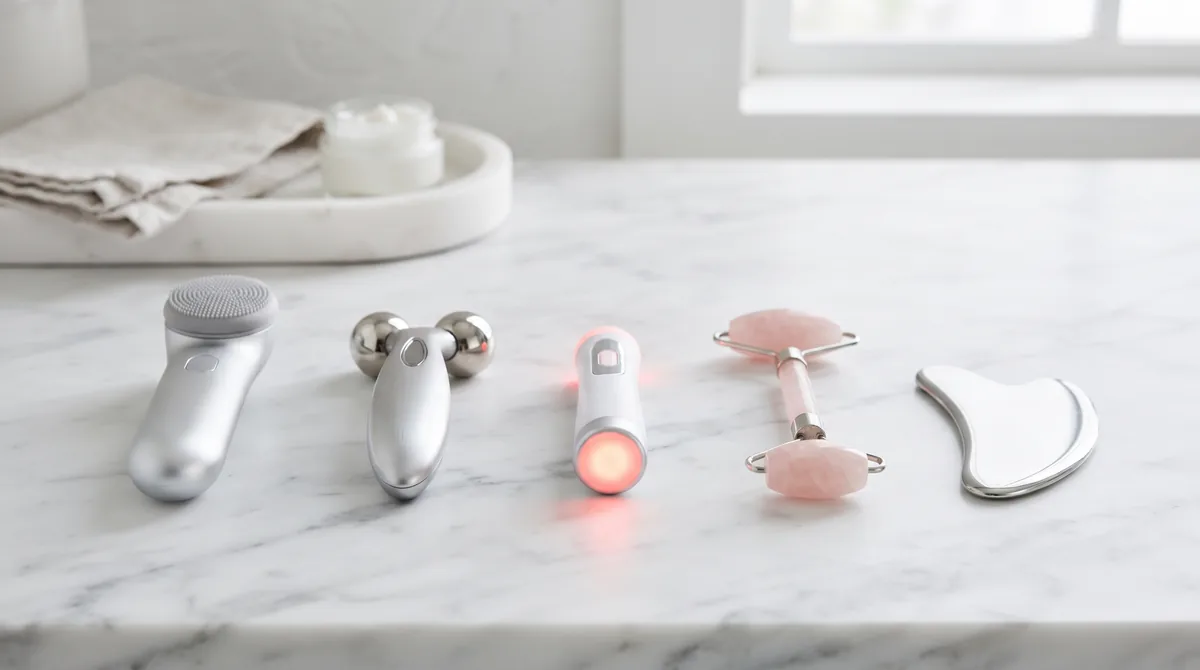 Massaggiatori viso antirughe elettrici con LED, testine riscaldate e sonde EMS disposti su un piano chiaro accanto a un siero