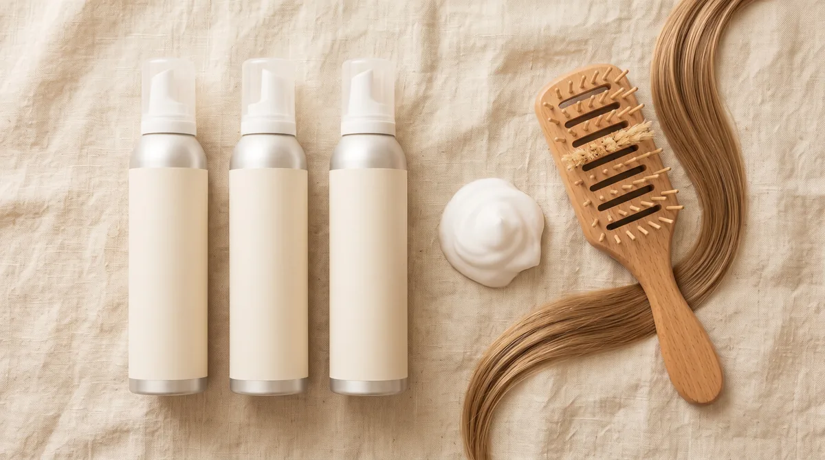 Migliori mousse per capelli: sei flaconi di schiuma volumizzante allineati accanto a una ciocca voluminosa