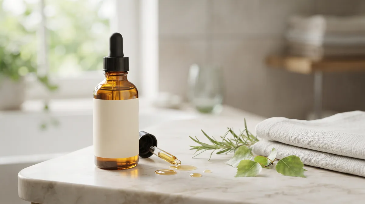 Flacone di olio anticellulite ambrato su un piano di marmo chiaro con foglie di betulla e un asciugamano, luce morbida