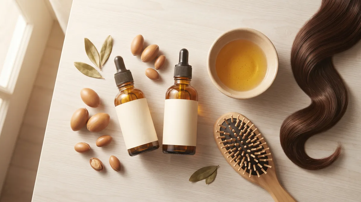 Cinque flaconi di olio di argan in vetro ambrato accanto a noci di argania e a una ciocca di capelli lunghi