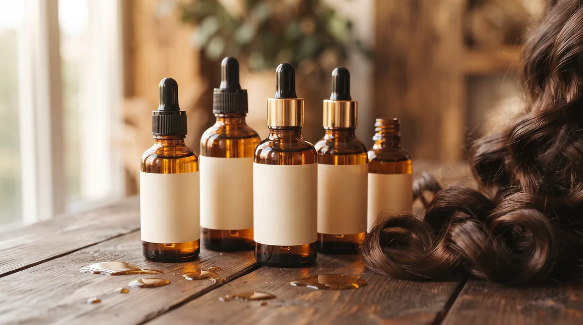 Cinque flaconi di olio per capelli ricci allineati accanto a una ciocca di capelli ricci definiti