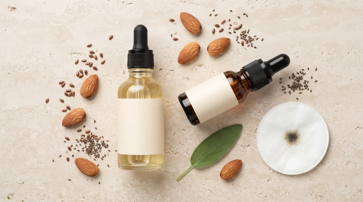 Flacone di olio di jojoba in vetro scuro con contagocce e gocce dorate su una superficie chiara