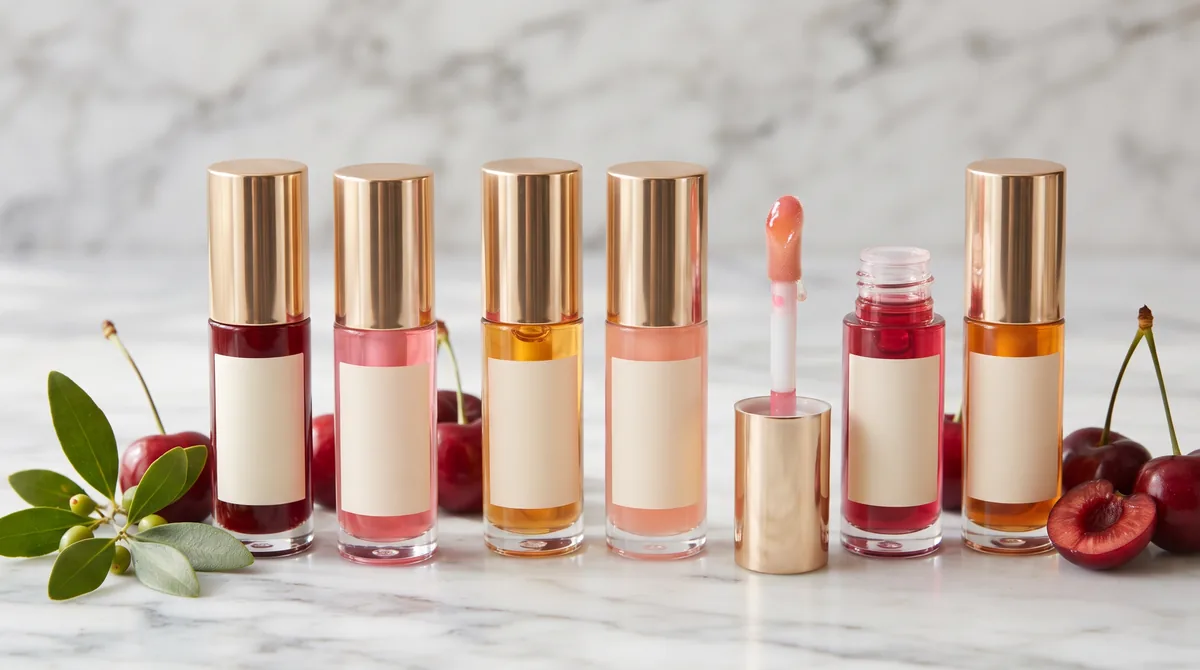 Sei oli labbra con applicatore a cuscinetto su marmo chiaro, confronto dei migliori lip oil idratanti