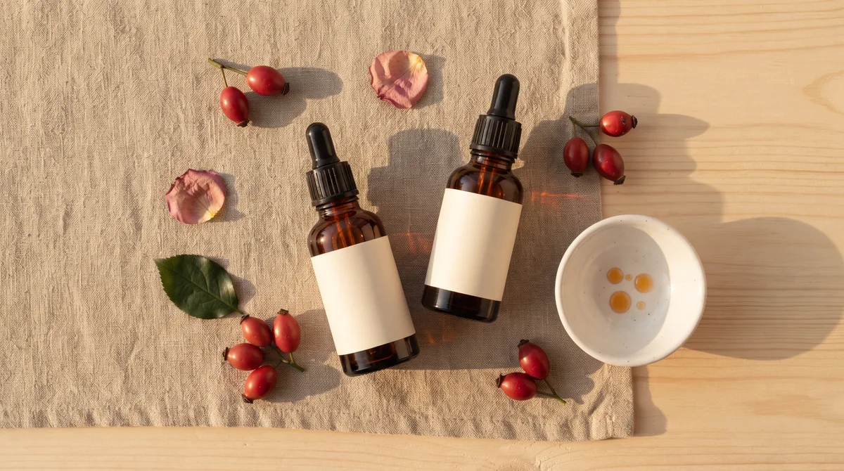 Flaconi in vetro scuro di olio di rosa mosqueta con contagocce accanto a cinorrodi di rosa canina su fondo chiaro