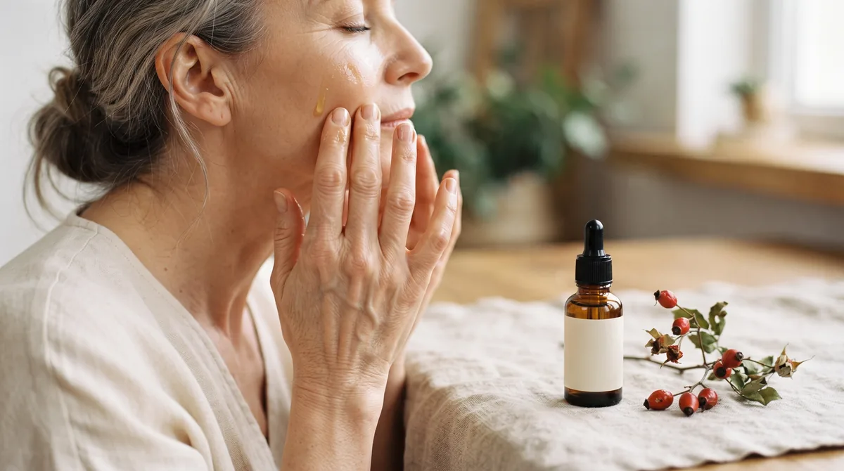 Contagocce con una goccia di olio viso per pelle matura sul palmo, accanto a un flacone in vetro scuro