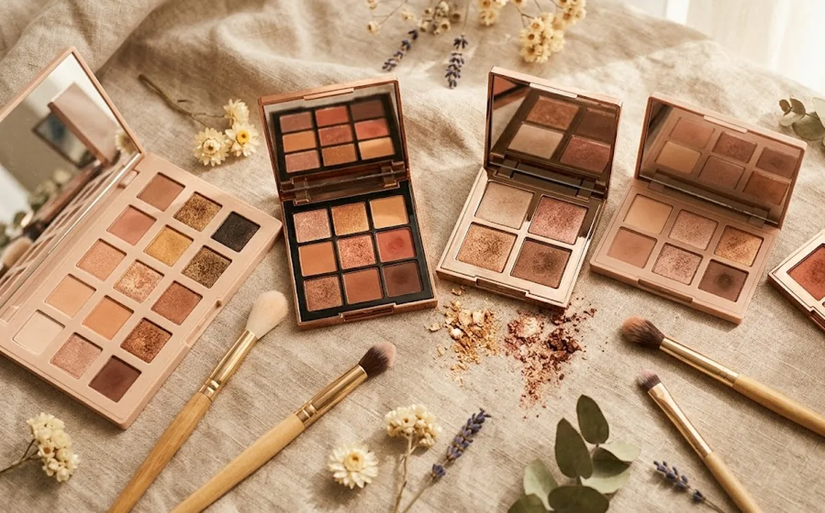 Cinque palette di ombretti aperte su superficie in marmo rosa cipria con pennelli da trucco e fiori bianchi delicati intorno