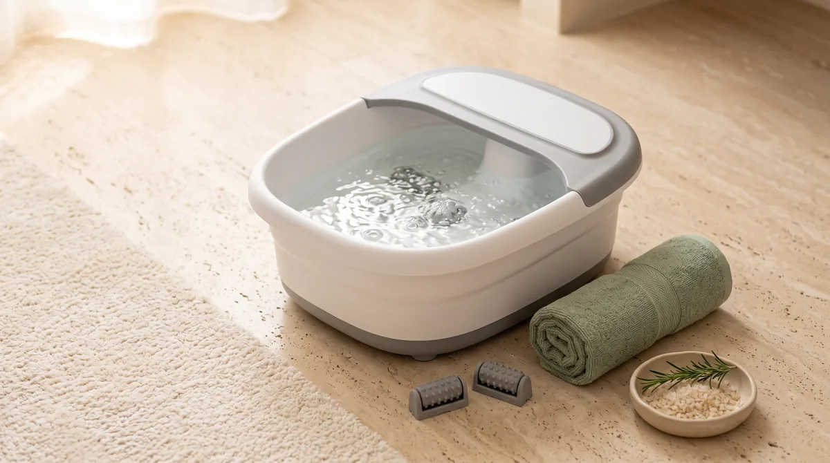 Pediluvio idromassaggio elettrico con bolle d'aria, piedi immersi in acqua tiepida durante una pedicure casalinga