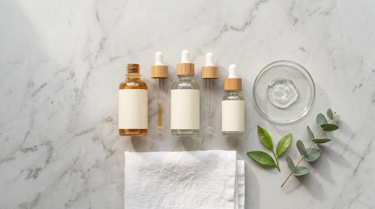 Peeling viso da fare a casa: flaconi di esfolianti chimici con acidi AHA e BHA allineati su un piano chiaro