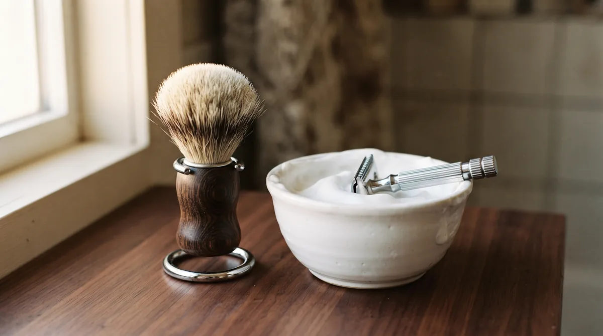Miglior pennello da barba: pennelli in tasso e in fibra sintetica accanto a una ciotola di schiuma su un ripiano