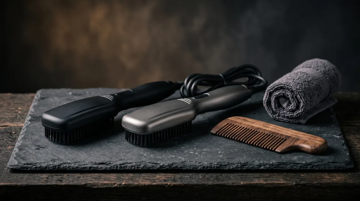Le migliori piastre per barba da uomo: spazzola lisciante riscaldata passata su una barba media ben curata