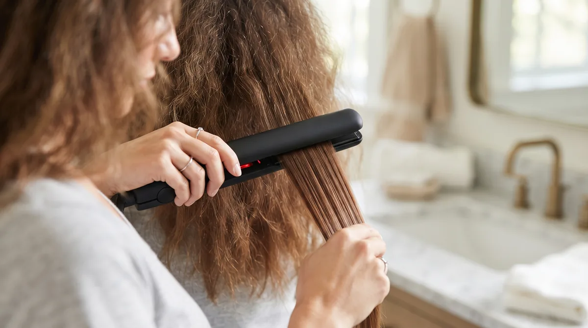Mani che passano una piastra su una ciocca di capelli crespi che diventa liscia e lucida