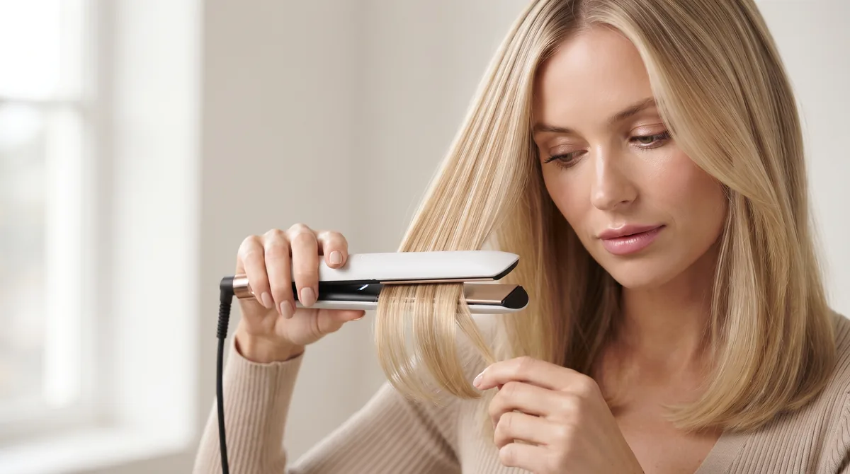 Donna con capelli fini e biondi che passa una piastra a lamelle strette su una ciocca