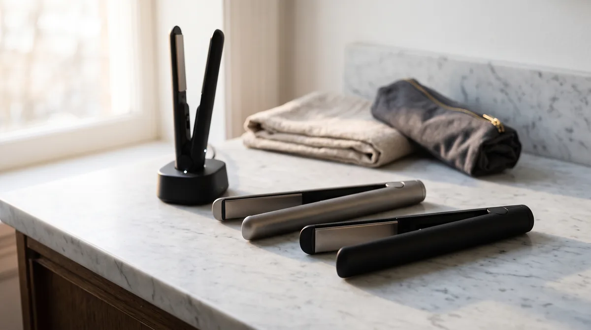 Piastra per capelli senza fili ricaricabile appoggiata accanto al cavo USB-C, formato mini da viaggio per ritocchi