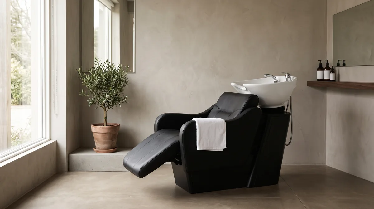 Poltrona lavatesta per parrucchiere con lavabo in ceramica reclinabile in un salone professionale