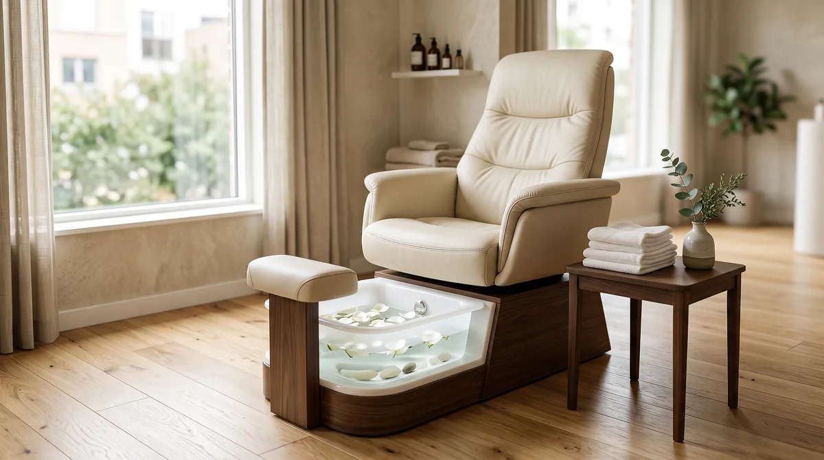 Poltrona pedicure professionale bianca con vaschetta integrata e poggiagambe in un centro estetico