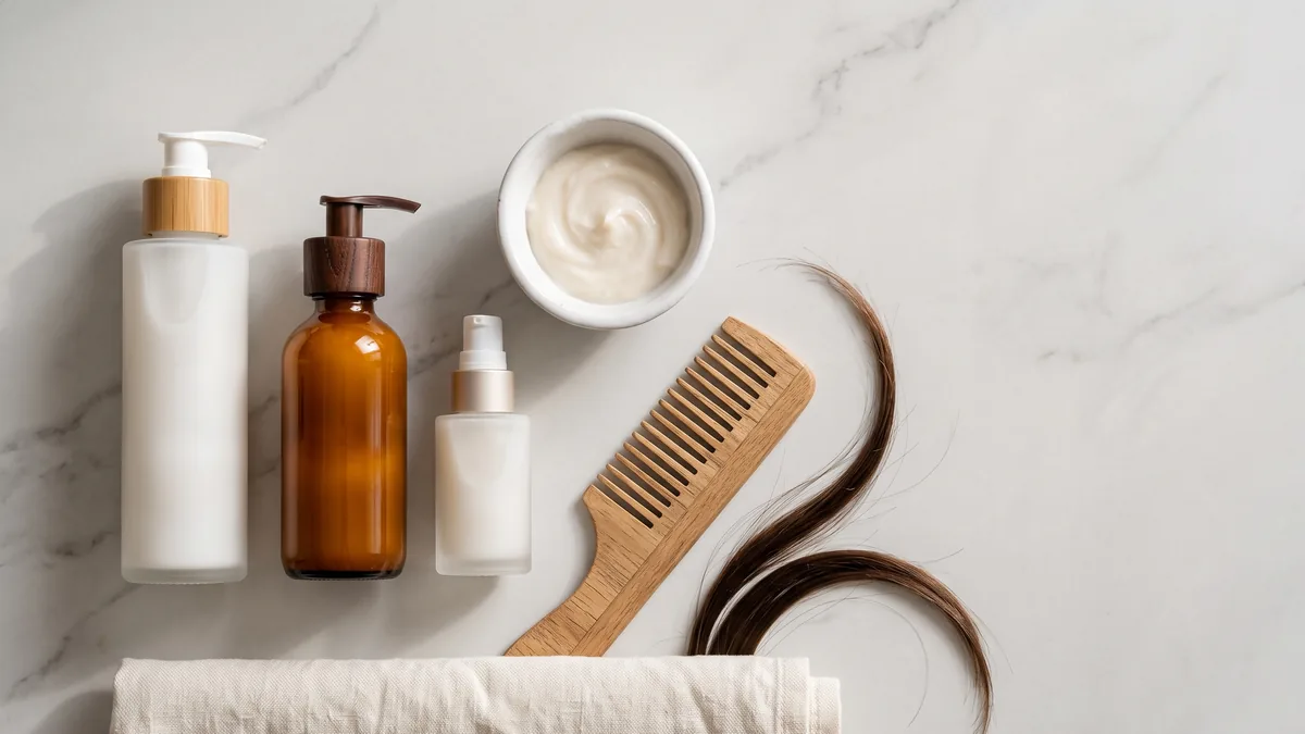 Cinque prodotti per la ricostruzione capelli a confronto su superficie chiara, con ciocca di capelli decolorati